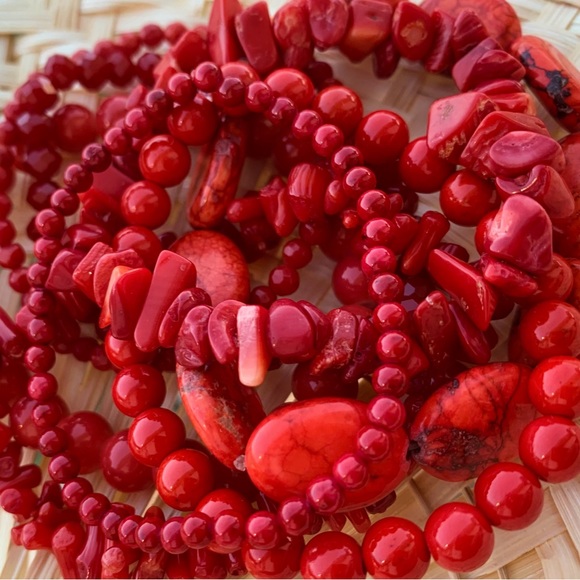 Natural Red Bamboo Coral & Genuine Jasper Gemstone Mixed Beads Bracelet Stack - Picture 7 of 11